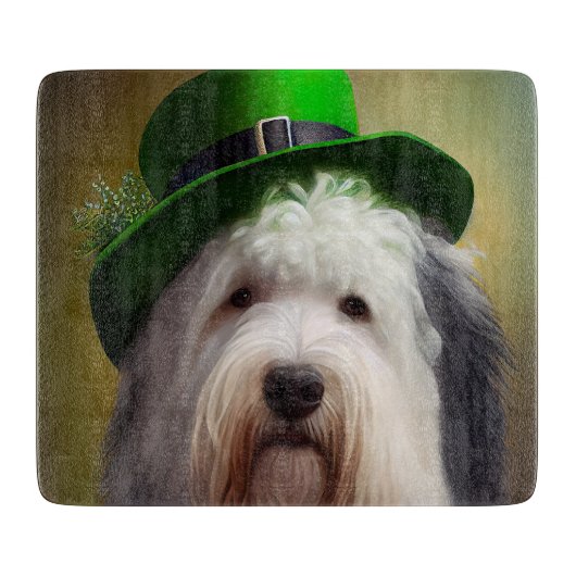 Oude Engelse Sheepdog in St. Patrick's Day Dress Snijplank (Voorkant)
