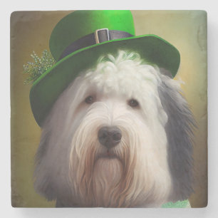 Oude Engelse Sheepdog in St. Patrick's Day Dress Stenen Onderzetter