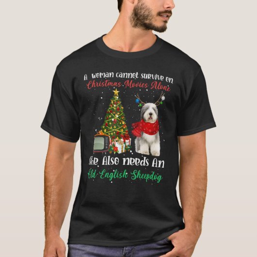 Oude Engelse Sheepdog Reindeer kerstboom Ornam T-shirt (Voorkant)