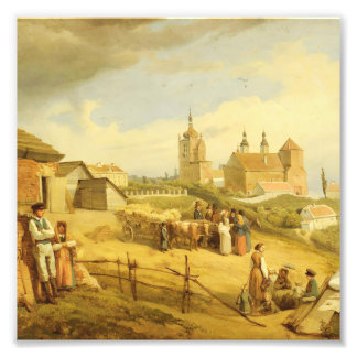 Oude Europese dorpsoogst antiek schilderij Foto Afdruk