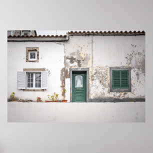 Oude Europese gevel met groene deur Poster