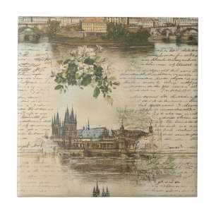 Oude Europese rivier scène - handgeschreven schrif Tegeltje