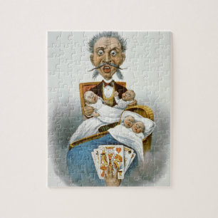 Oude familie, vader met baby's en pokerhand legpuzzel