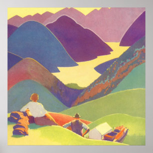 Oude familievakantie, picknick in de bergen poster