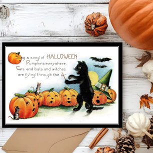 Oude Fantasievolle Zwarte Kat & Muizen Halloween Kaart