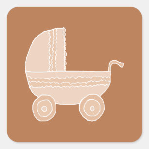 Oude Fashioned Beige Baby Stroller op Brown. Vierkante Sticker