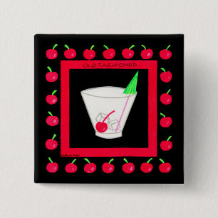 Oude Fashioned Retro Drink Red Cherries op Black Vierkante Button 5,1 Cm