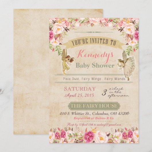 Oude feeën babyshower uitnodiging (Voorkant / Achterkant)