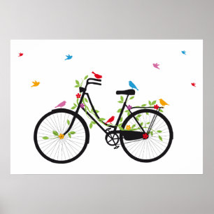 Oude  fiets met bloemen en vogels poster