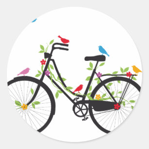 Oude  fiets met bloemen en vogels ronde sticker