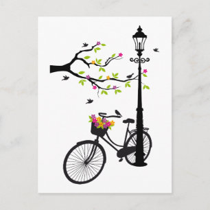 Oude fiets met lamp, bloemmandje, vogels, boom briefkaart