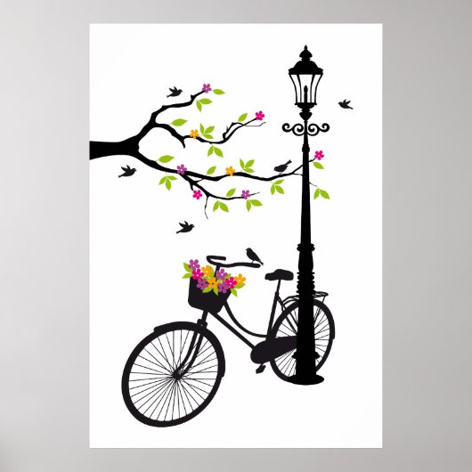 Oude fiets met lamp, bloemmandje, vogels, boom poster (Voorkant)