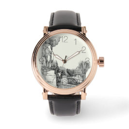 Oude fontein in het park met beeldhouwjongen horloge