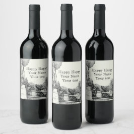 Oude fontein in het park met beeldhouwjongen wijn etiket