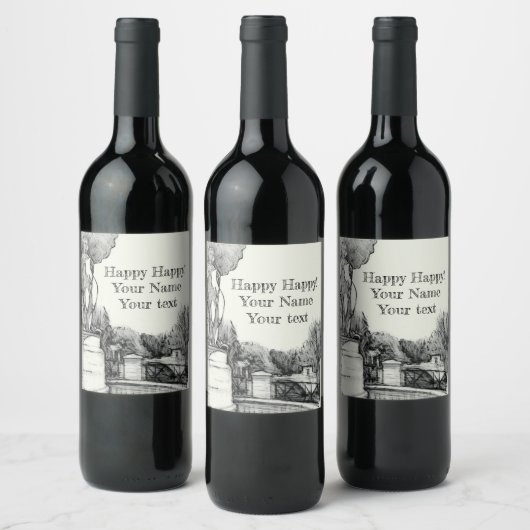 Oude fontein in het park met beeldhouwjongen wijn etiket (Flessen)