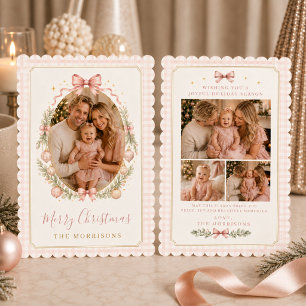 Oude foto roze strik gingham kerst familie feestdagenkaart