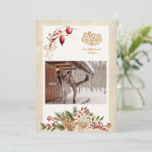 Oude foto van hulstbessen met Kerstmis Feestdagenkaart (Staand voorkant)