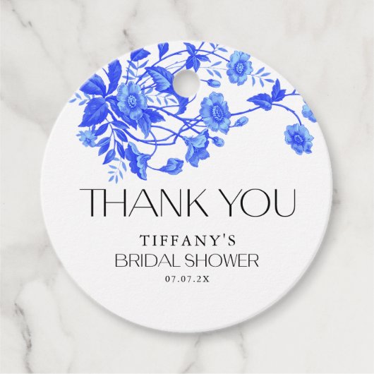 Oude Franse Blauwe Bloem Bruidsdouche Bedankjes Labels (Voorkant)