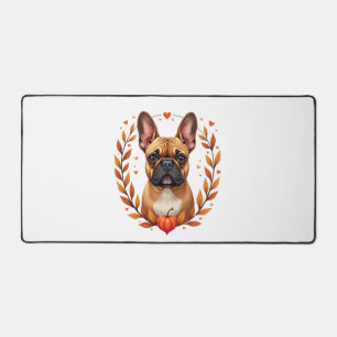 Oude Franse Bulldog met herfstbladkrans en Bureaumat