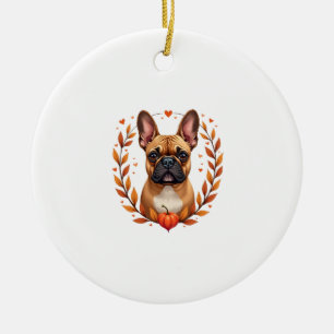 Oude Franse Bulldog met Herfstbladkrans en Keramisch Ornament