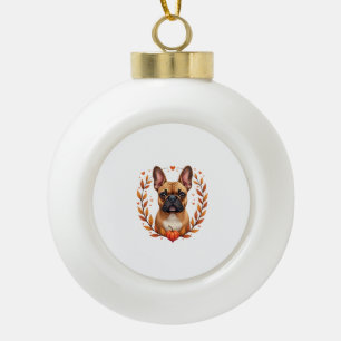Oude Franse Bulldog met herfstbladkrans en Keramische Bal Ornament