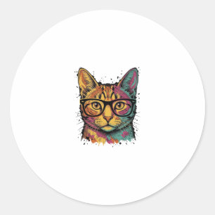 Oude Gegraveerde Kat Met Bril Vectorontwerp_1 Ronde Sticker