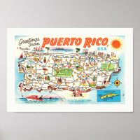 Oude geïllustreerde Puerto Rico kaart afdrukken