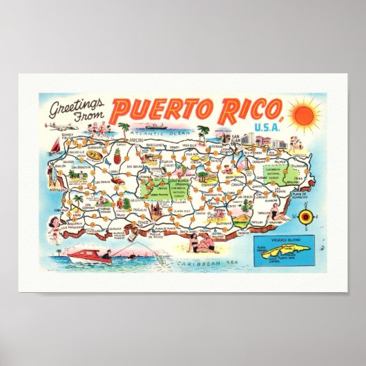 Oude geïllustreerde Puerto Rico kaart afdrukken Poster (Voorkant)