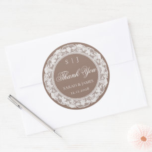 Oude Geld Bruiloft Taupe Witte Kant Bedankt Ronde Sticker