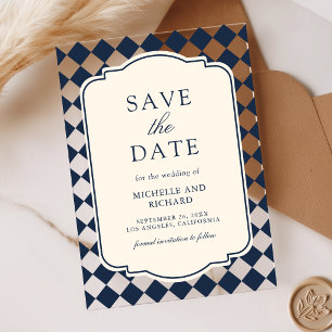 Oude Geld Navy Geruite Trouw Save the Date Acryl Uitnodigingen