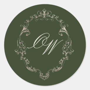 Oude Geld Olijfgroene Elegante Monogram Huwelijk Ronde Sticker