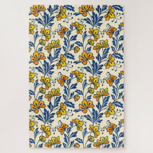 Oude gele oranje volksbloem in blauw blad legpuzzel