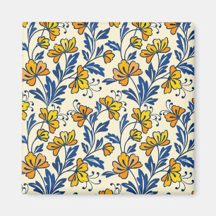 Oude gele oranje volksbloem in blauw blad magneet