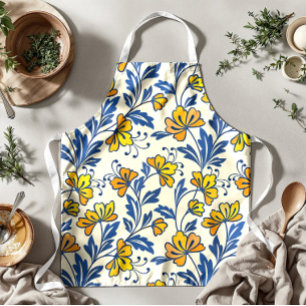Oude gele oranje volksbloem in blauw blad schort