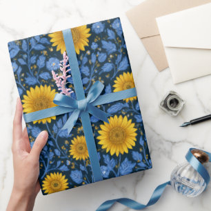 Oude gele zonnebloem blauwe bloempatroon cadeaupapier