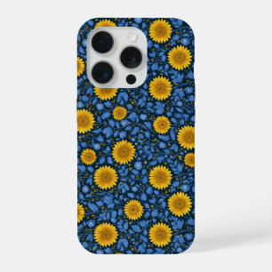 Oude gele zonnebloem blauwe bloempatroon iPhone 15 pro hoesje