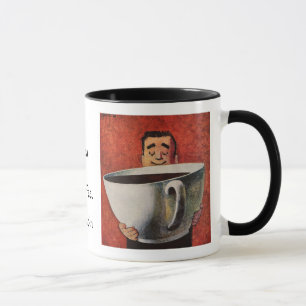 Oude gelukkige man drinkt reusachtige kop koffie