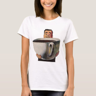 Oude gelukkige man drinkt reusachtige kop koffie t-shirt