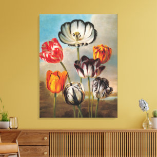 Oude gevarieerde tulp bloemen in een landschap canvas afdruk