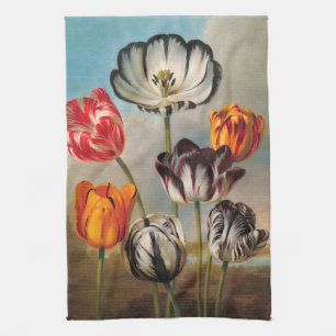 Oude gevarieerde tulp bloemen in een landschap theedoek