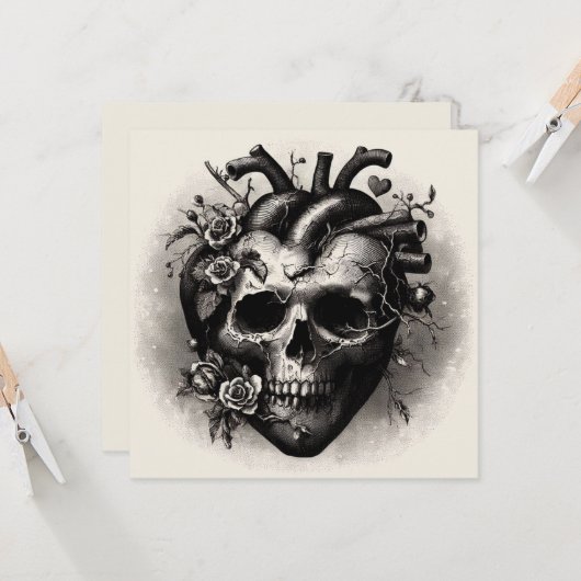 Oude Goth Schedel Hart Valentijnsdag Retro Horror Kaart (Voorkant / Achterkant in situ)