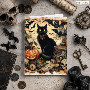 Oude gotische zwarte kat Halloween-vakantie Feestdagen Kaart
