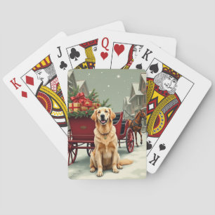 Oude Gouden Retriever Kerst Koets Illustratie Pokerkaarten