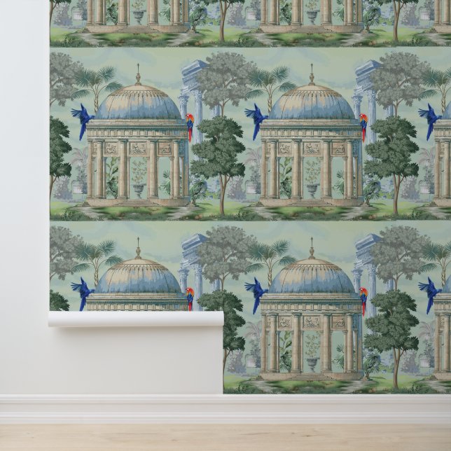 Oude Griekse tempel tuin ara vogel Pixie groen Behang (Applicatie)