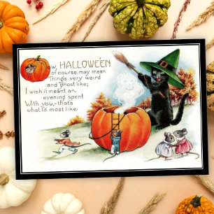 Oude grillige zwarte kat heks & muizen Halloween Kaart
