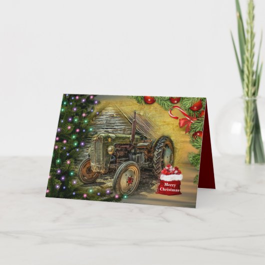 Oude Groene Tractor Kerst Feestdagen Kaart (Voorkant)