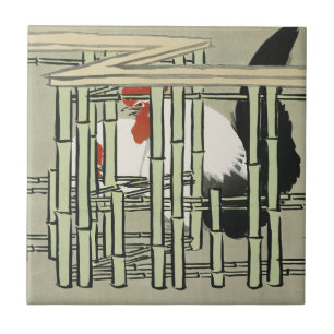 Oude haan uit Japan achter bamboe hek Kunst Tegeltje