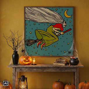 Oude Halloween, Boze Heks Vliegt op Bezemsteel Poster