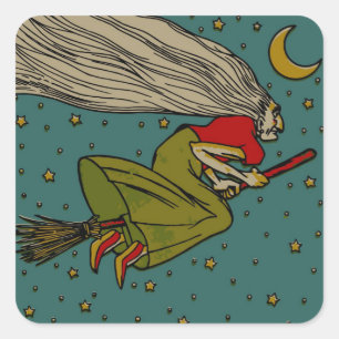 Oude Halloween, Boze Heks Vliegt op Bezemsteel Vierkante Sticker