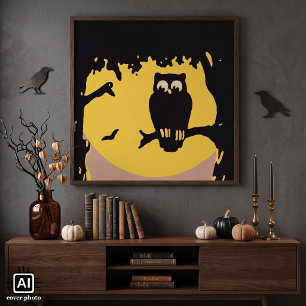 Oude Halloween, griezelige uil in boom met maan Poster